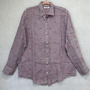 Haris Cotton Shirt Womens Medium Purple Linen Button Down Embroidered Floral